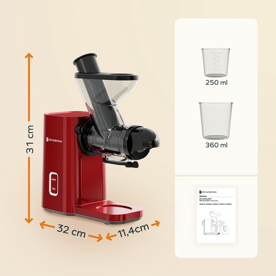 KitchenBrothers Slowjuicer - Mini Juicer - Groenten en Fruitpers - 40 mm en 50 mm invoer - 400 ml - Rood