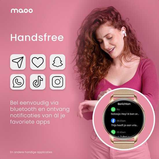 Maoo Ventura AMOLED Smartwatch Dames – RVS & 4 Siliconen Bandjes – Stappenteller, Hartslagmeter, Slaapmonitor, Multisport, Notificaties, Bellen, GPS, Android & iOS – Rosé Goud & Roze