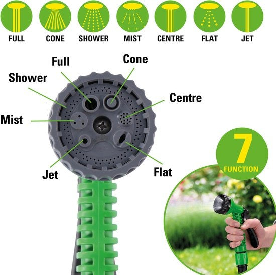 Kinzo Flexibele Tuinslang 20M - Incl. Opzetstuk - Sproeikop met 7 Spraystanden - Kunststof - Groen/Grijs