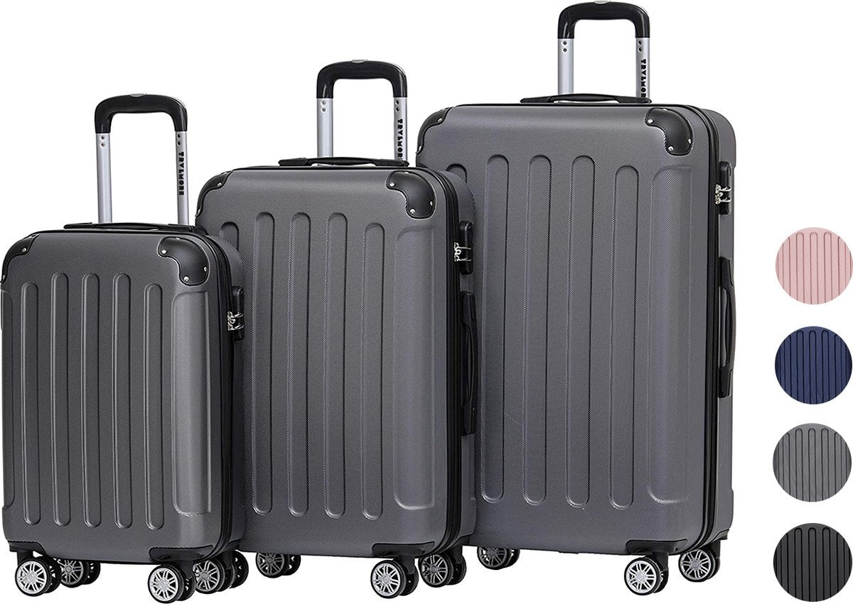TRVLMORE Kofferset - 3 Delig - Complete Set - 38L Handbagage + 70L en 110L Ruimbagage - Donkergrijs