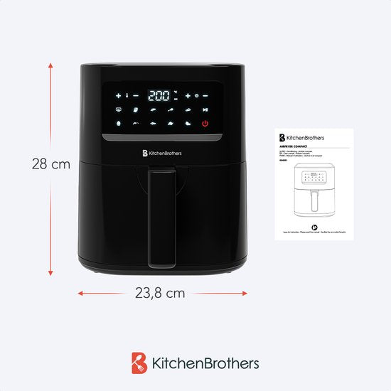 KitchenBrothers Airfryer Compact 3.3L – Voorzien Van 10 Kookprogramma's En 1400W Vermogen En Extra Lang Snoer 1,5 Meter – Voor Friet En Snacks – Zwart Kunststof – 3,3 Liter