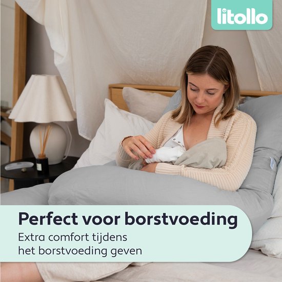 Litollo® Zwangerschapskussen XXL - Voedingskussen - Lichaamskussen - Body pillow - 280cm - Afneembare hoes - Grijs