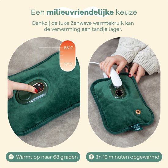 Zenwave Elektrische Kruik met Hoes - Digitaal Display - Warmtekruik & Waterkruik met Handwarmers - Oplaadbare Warmtekussen - Menstruatie Warmteband - Duurzaam & Draadloos - Kamperen & Outdoor - Warmwaterkruik Groen
