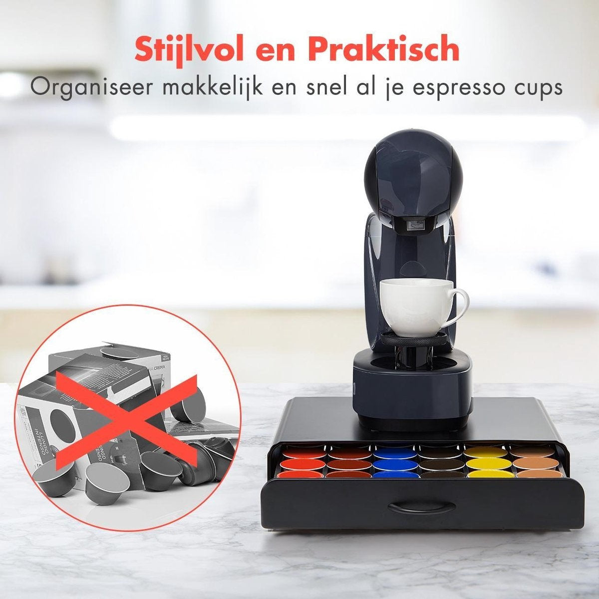 KitchenBrothers Capsulehouder - Koffiecups houder - met Lade - Geschikt voor Dolce Gusto - 36 Capsules - RVS - Zwart