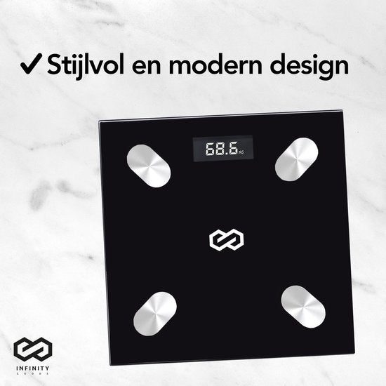 Infinity Goods Digitale Personenweegschaal met App - Smart Scale - Slimme Weegschaal Met Lichaamsanalyse - Zwart
