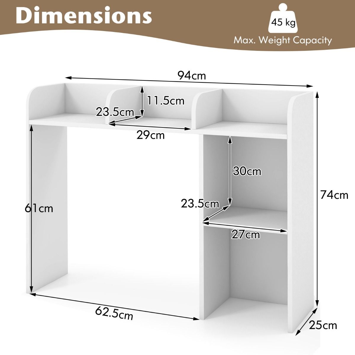 Coast Bureaurek - Tafelrek met 4 planken - Open vak opbergsysteem - Wit - 94 x 25 x 74 cm