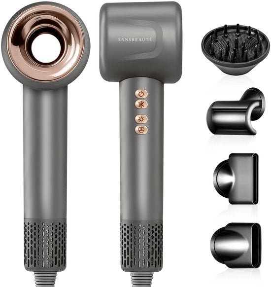 Sansbeauté® Föhn met Diffuser - Krullen - 110.000RPM - Ionische Haardroger met Borstel - 4 Opzetstukken – Reisföhn - Krul Feun Set - Sèche Cheveux - Haarföhn met Defuser - Hair Blow Dryer - 1600W