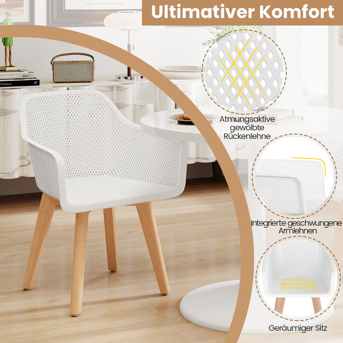 Coast Eetkamerstoelen Wit – Set van 2 – 57 x 56 x 75 cm – Met Mesh Rugleuning en Beukenhouten Poten