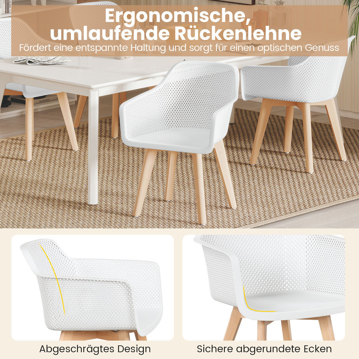 Coast Eetkamerstoelen Wit – Set van 2 – 57 x 56 x 75 cm – Met Mesh Rugleuning en Beukenhouten Poten