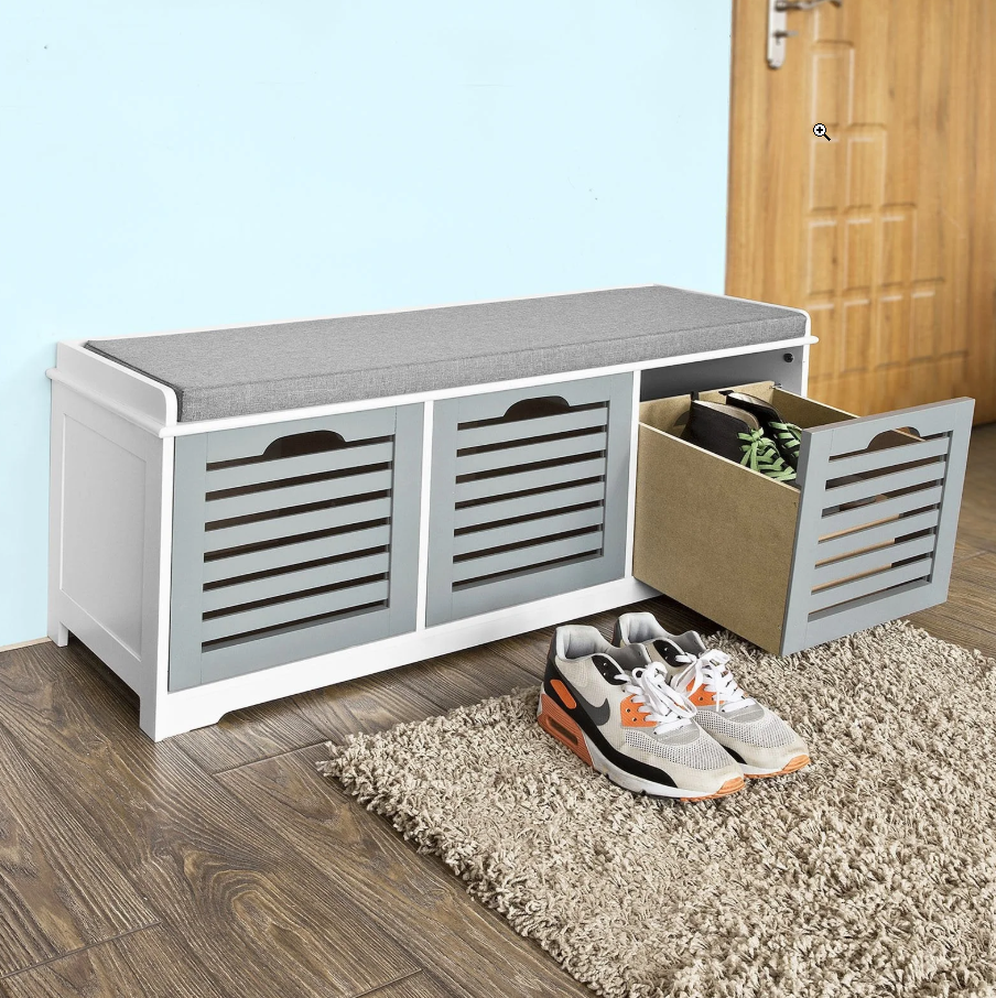 SoBuy FSR23-HG Moderne Schoenenbank - 3 Manden - 35 x 105 x 43 cm - Wit/Grijs