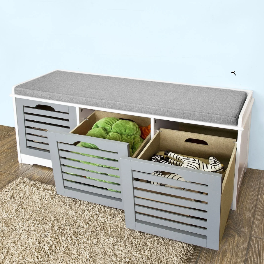 SoBuy FSR23-HG Moderne Schoenenbank - 3 Manden - 35 x 105 x 43 cm - Wit/Grijs