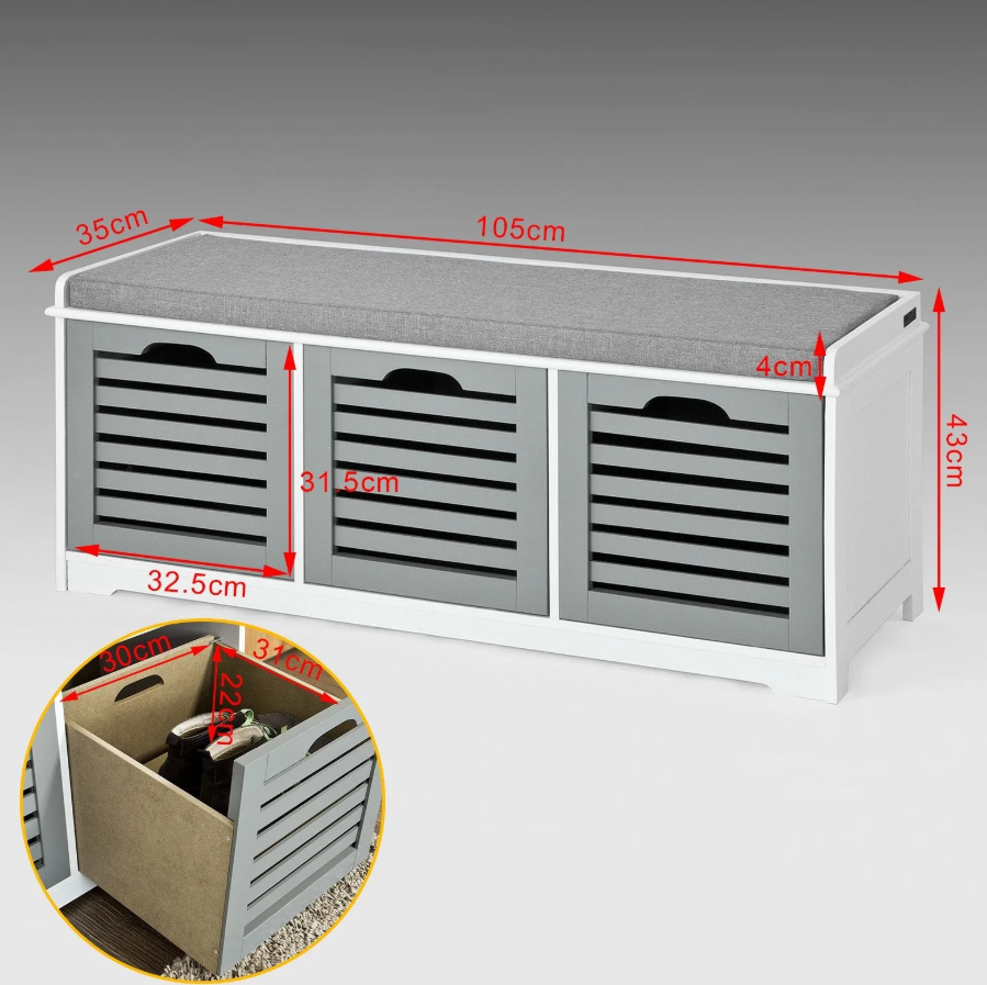 SoBuy FSR23-HG Moderne Schoenenbank - 3 Manden - 35 x 105 x 43 cm - Wit/Grijs