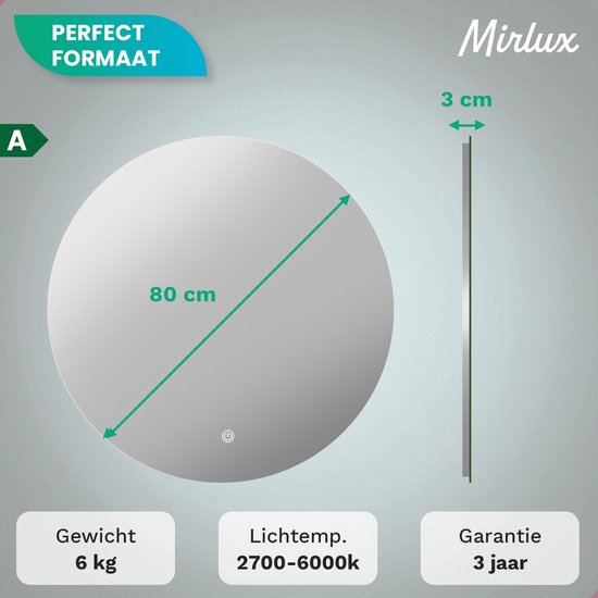 Mirlux Badkamerspiegel met LED Verlichting & Verwarming – Wandspiegel Rond – Anti Condens Douchespiegel - 80CM