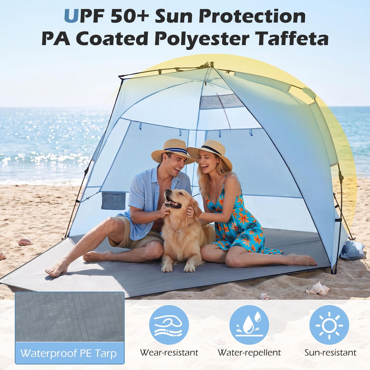 Coast Pop-up Strandtent 3-4 Personen - Grijs/Blauw - 278 x 140 x 142 cm - Incl. Draagtas, Haringen en Zandzakken