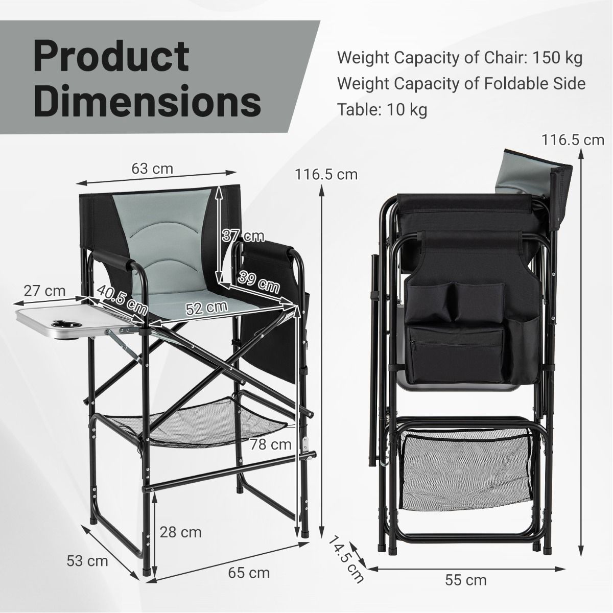 Coast Campingstoel Opvouwbaar Regisseursstoel met Zijtafel, Voetensteun en Opbergvakken – Zwart/Grijs – 65 x 53 x 116,5 cm