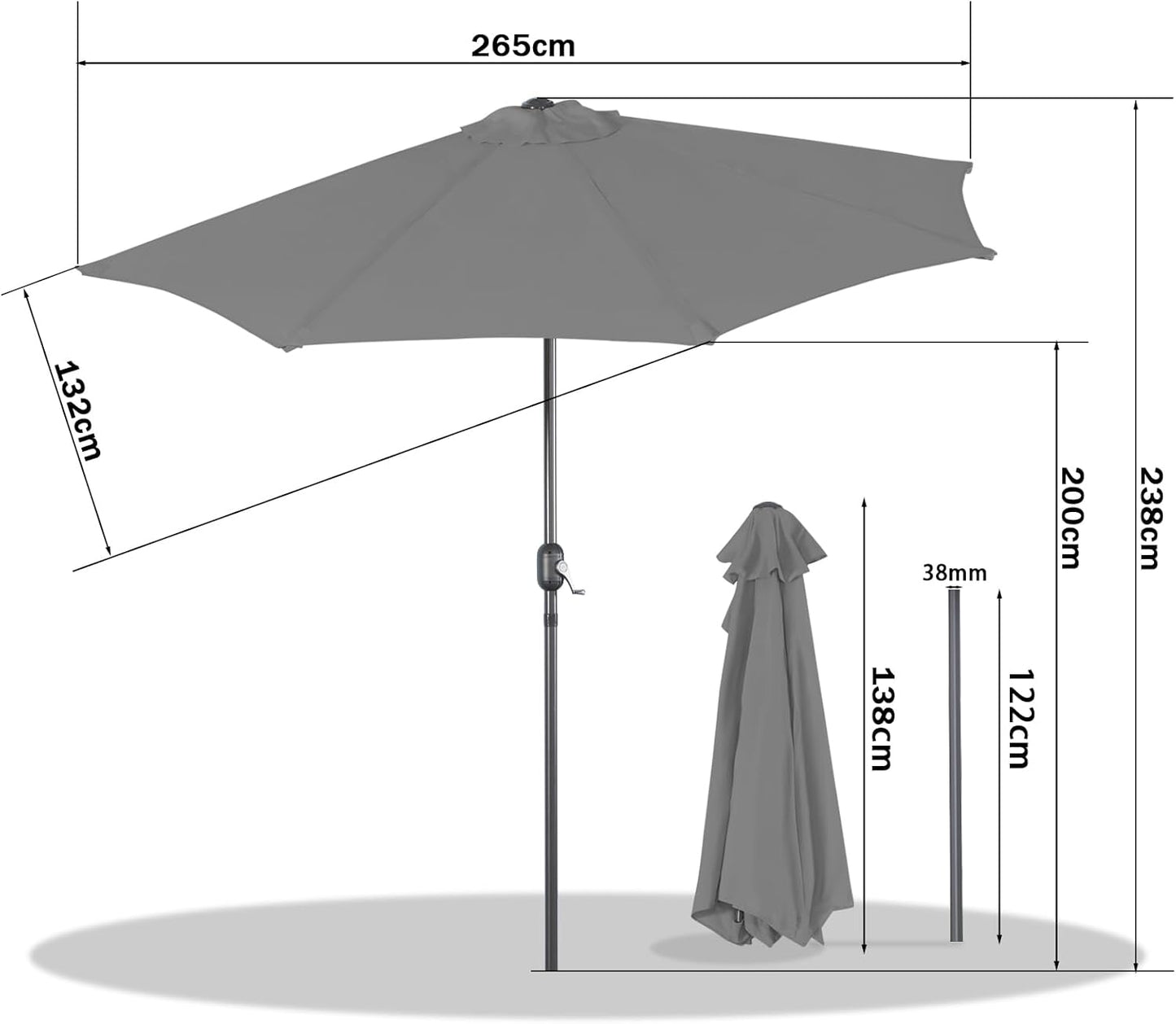 Angel Living Balkonparasol - Halfrond - 265 x 130 cm - Grijs