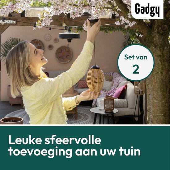 Gadgy Solar Hanglampen Buiten – Set van 2 – Rattan Look – LED Solar Tuinverlichting – Warm Licht – Spatwaterdicht – Zonne-energie – Hanglamp Tuin Decoratie