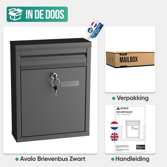 Avalo Brievenbus - Wandbrievenbus - Met Slot en 2 Sleutels - Incl. Montagemateriaal - Zwart