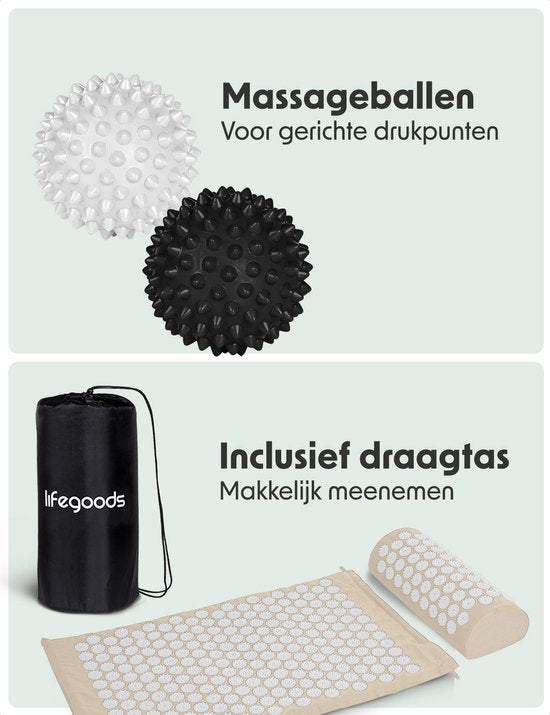 LifeGoods Acupressuur Mat met Kussen - Shakti mat - Spijkermat Incl. 2x Triggerpoint Bal - 66x40x2cm - Beige/Wit