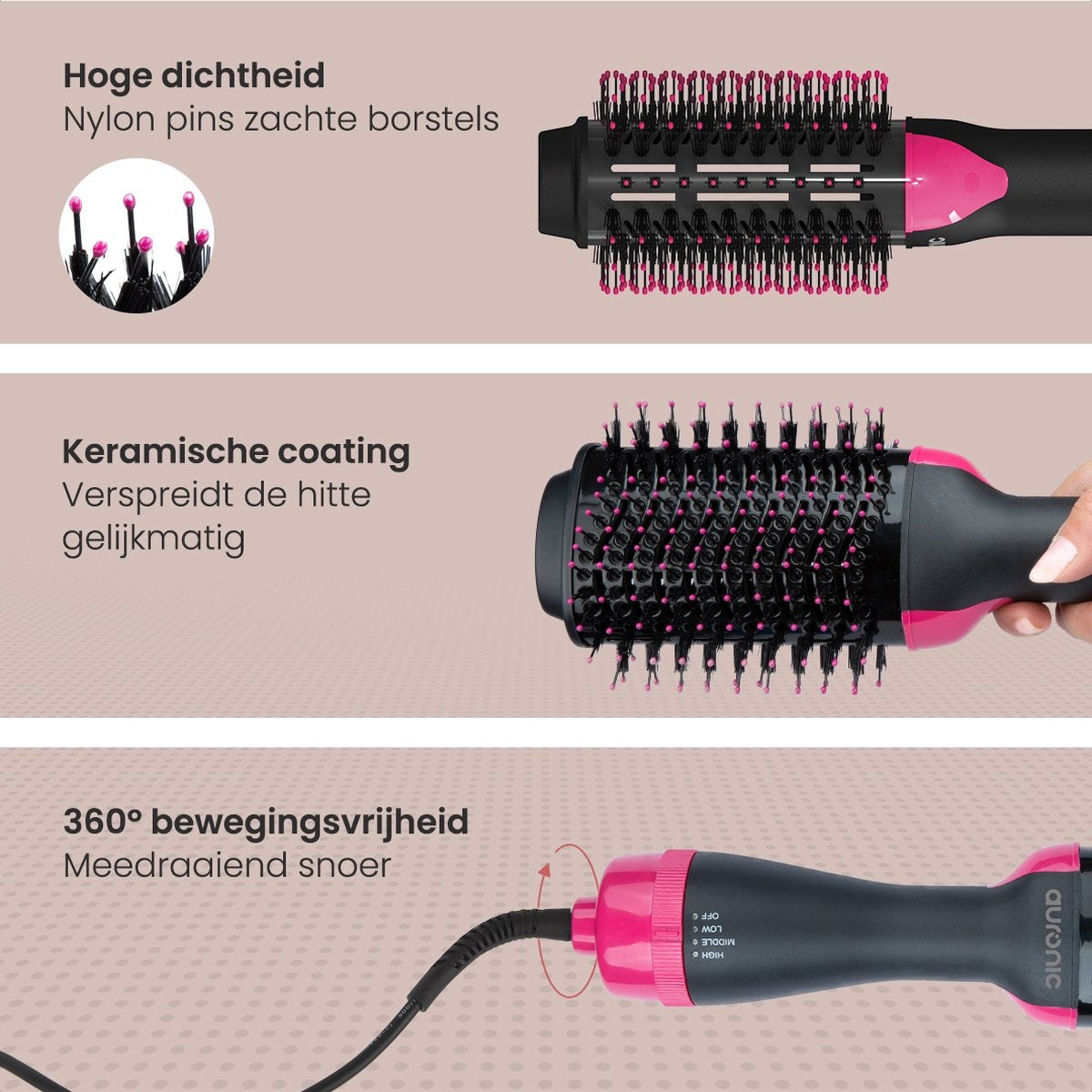 Auronic 3-in-1 Föhnborstel - Keramische Magic Brush - Airstyler - Lang/Stijl/Krullen - 1000W - Zwart/Roze