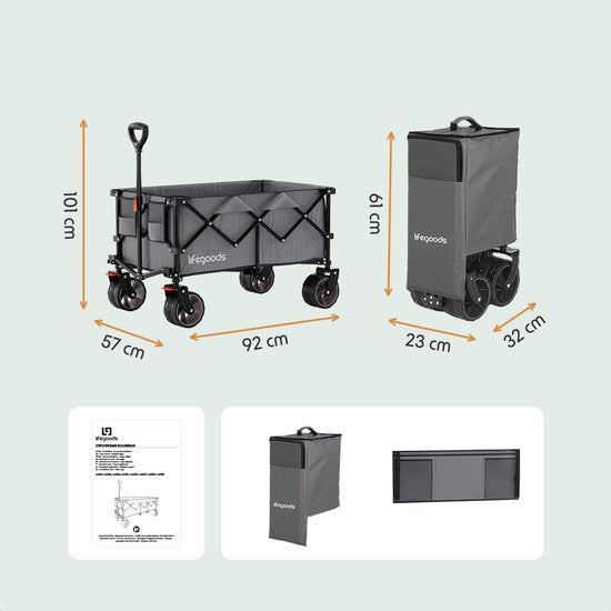 LifeGoods Bolderkar - XL - Opvouwbaar - 200L - 100KG Draagkracht - Grijs