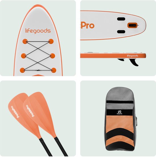 LifeGoods PaddlePro SUP Board - Opblaasbaar Paddle Board - Complete Set - Max. 135KG - 320x81cm - Wit/Oranje