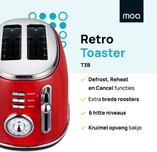 MOA Retro Broodrooster - 6 Warmteniveaus - 2 Extra Brede Sleuven - 850W - Reheat en Ontdooi-functie - Rood - T3R
