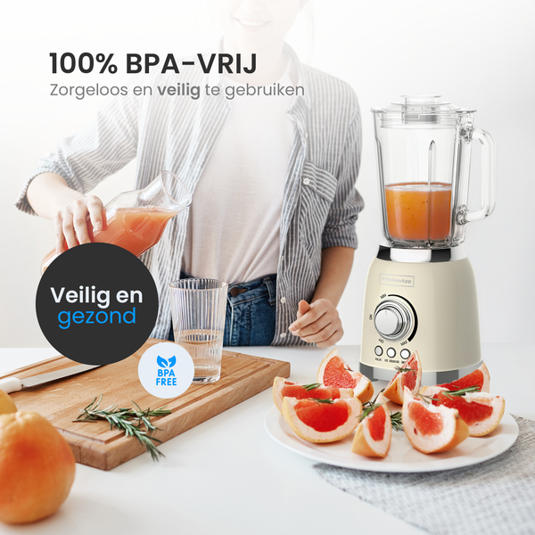 KitchenApp Retro Blender 1,5 Liter Glazen Kan - 800 W - Crushed Ice, Smoothie en Pulse - Traploos Regelbaar - Beige