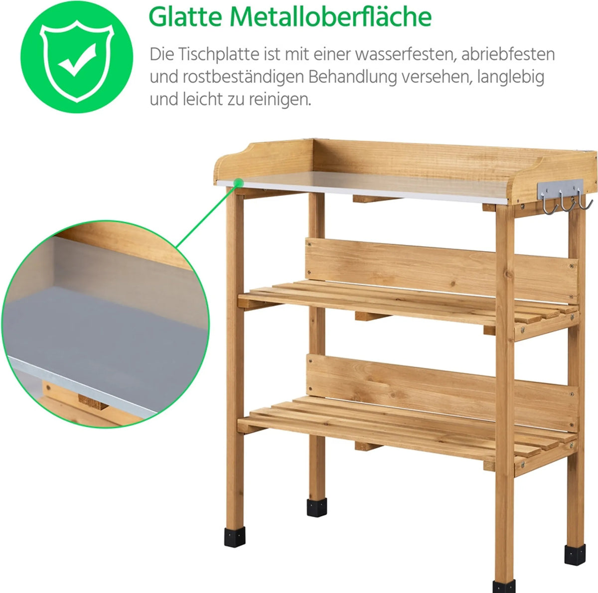 Planttafel voor Buiten met Gegalvaniseerd Werkblad 3 Planken en 3 Haken Houtkleur