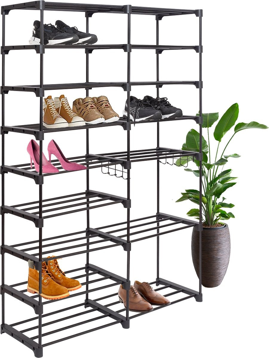 LifeGoods Schoenenrek - 9 Laags - Inclusief Haakjes - Schoenenkast - Opbergsysteem 32 Paar schoenen - Metaal - Zwart