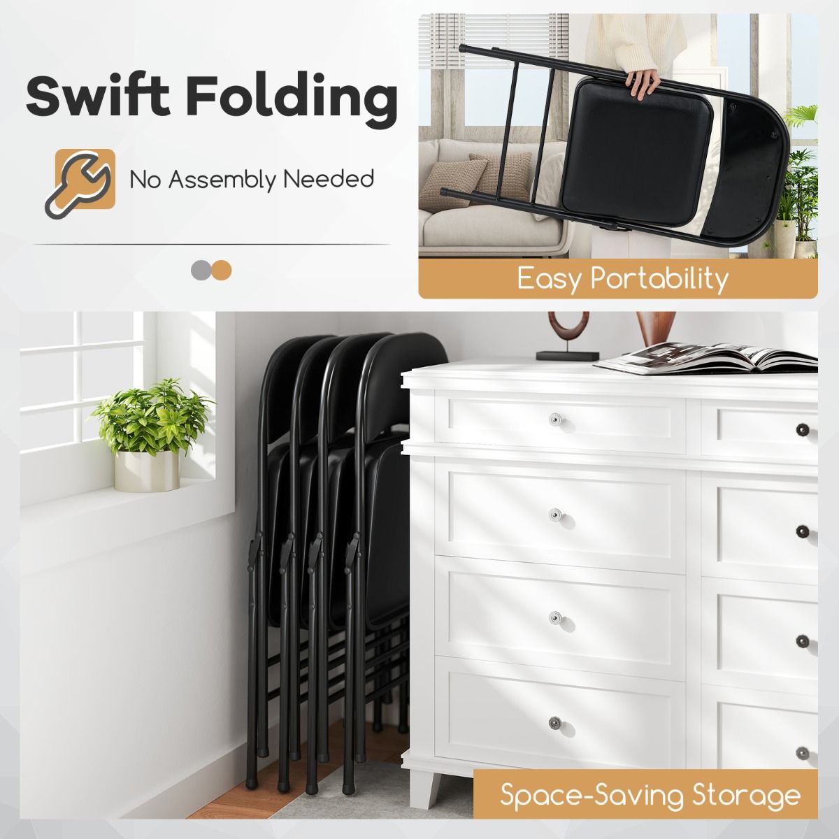 Coast Klapstoelen Set van 2 - metalen frame - kunstlederen bekleding - zwart
