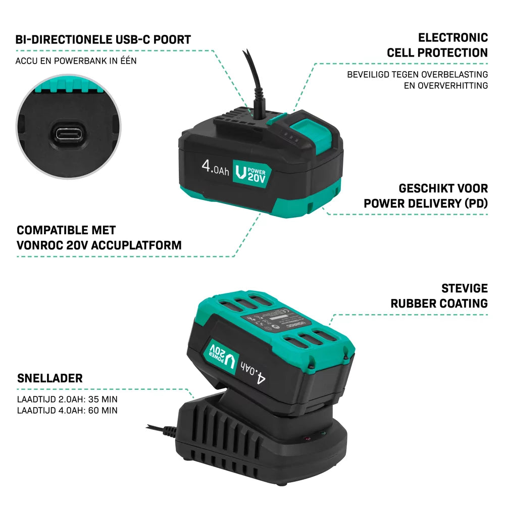 VONROC Accu Multitool 20V - met schraapmes, invalzaagblad, schuurzool en schuurpapier - 6 snelheden: 7.000 - 19.000 rpm - Incl. 4.0Ah accu en snellader