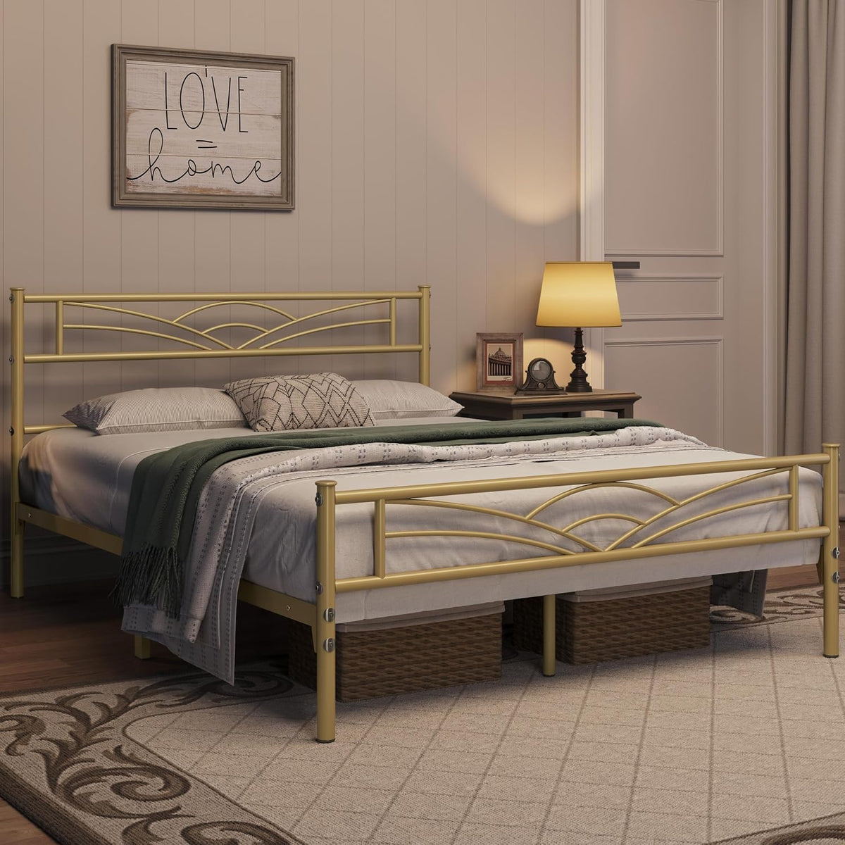 Yaheetech Metalen Bedframe 140 x 200 cm – Antiek Goud – Modern Jeugdbed met Lattenbodem en Ruime Opbergruimte