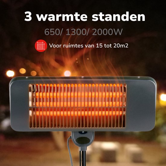 alpina Infrarood Verwarming Staand - Terras Heater 2000W 3 Warmtestanden - Spatwaterdichte Terrasheater IP24 met Infrarood Paneel