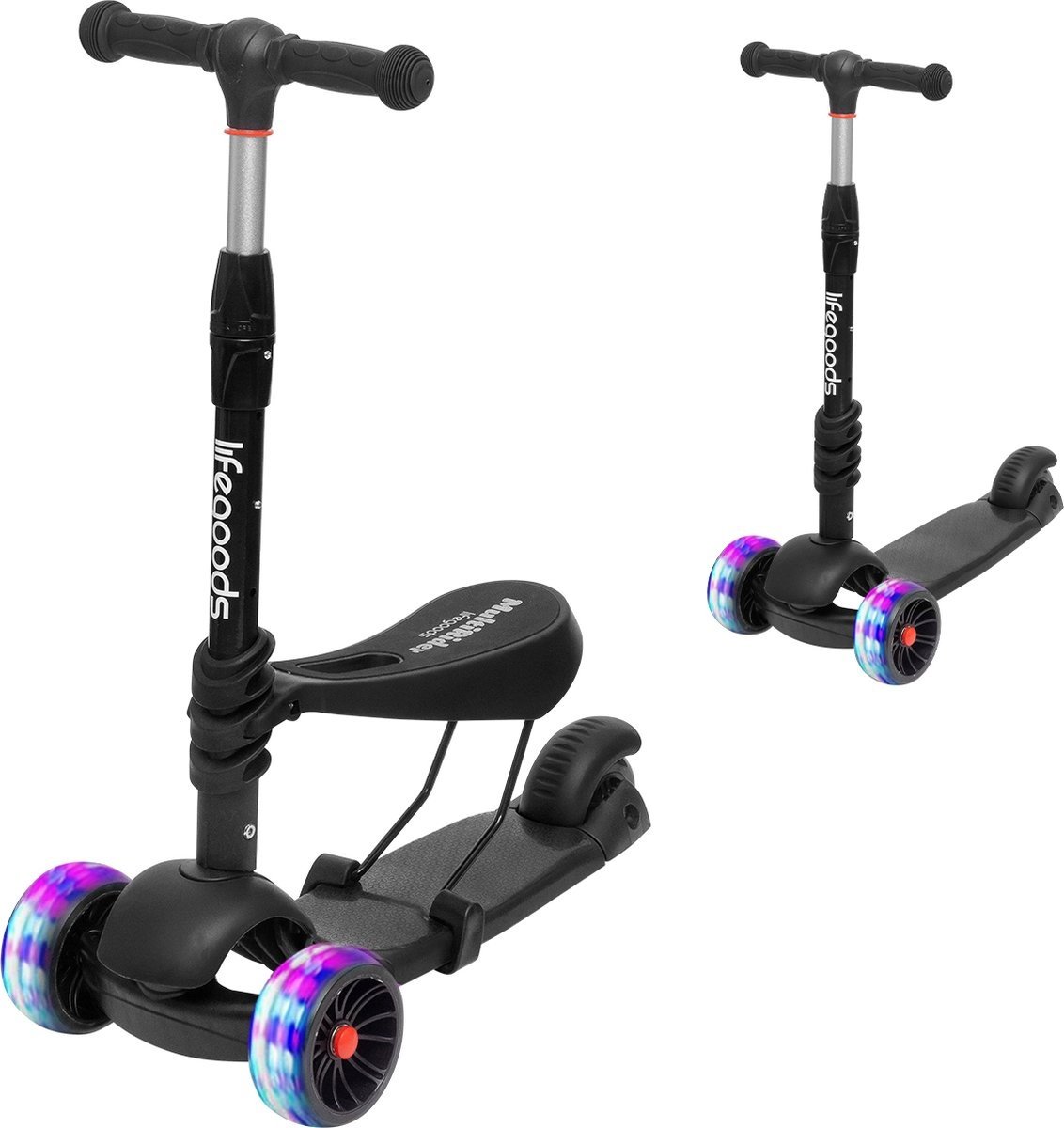 LifeGoods MultiRider Kinderstep - Step 3-8 Jaar - Verstelbaar Zitje - Lichtgevende Wielen - Jongens/Meisjes - Zwart
