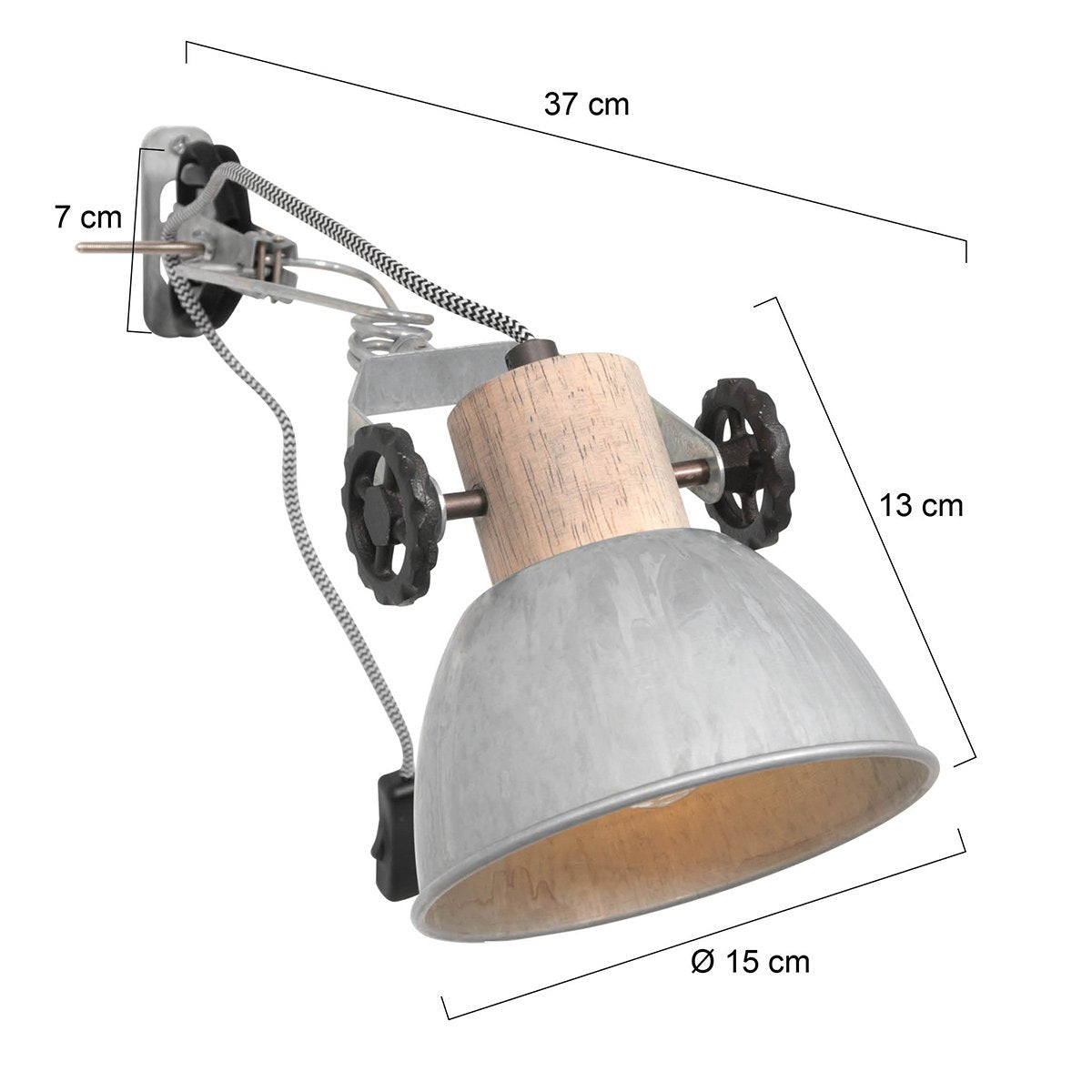 Klemspot en wandlamp Gearwood 2752NI Nikkel E27 fitting, trendy ontwerp, gemaakt van hout en metaal, voor binnengebruik, draaibaar en kantelbaar