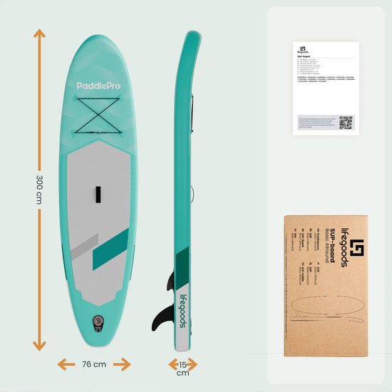 LifeGoods SUP Board Allround Compact - met Zitje - 100 KG Draagkracht - 300 x 76 cm - Opblaasbaar - Compleet SUP pakket - Mintgroen