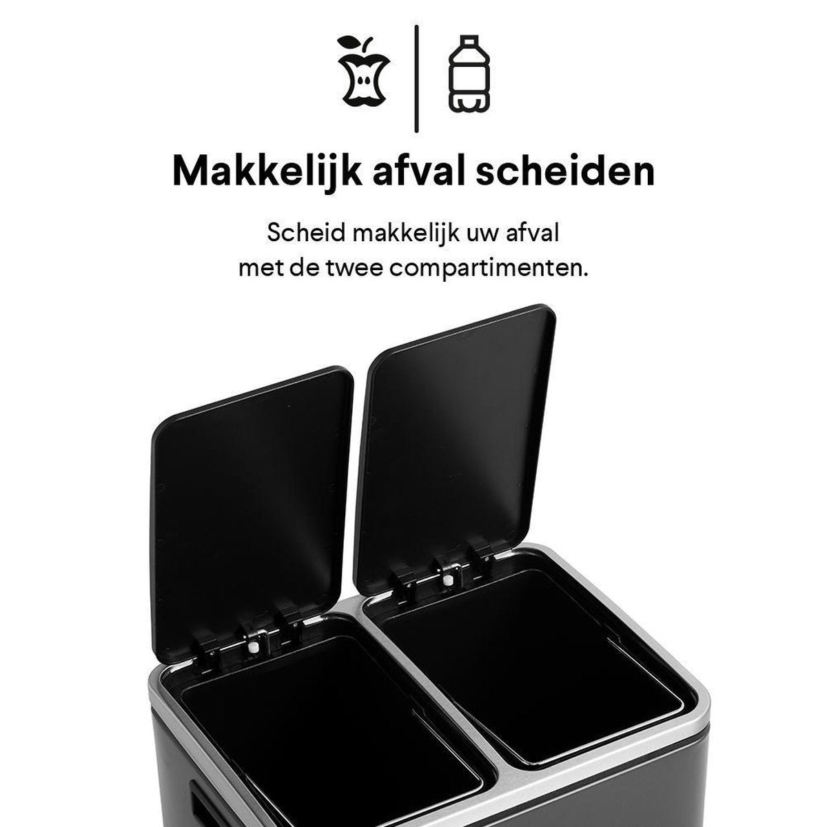 Homra BLINQ Afvalscheiding prullenbak met 2 vakken - 2 x 15 L inhoud - Duo pedaalemmer Grijs - Afvalemmer 30 Liter - Recycle Afvalbak - Grijze Afvalscheidingsprullenbak - Hygiënisch Afval Scheiden - Keuken Vuilbak - Kantoor
