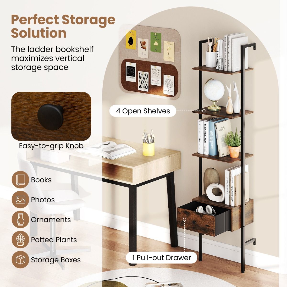 Coast Ladderboekenkast met lade - 5 lagen - metalen frame - rustiek bruin en zwart