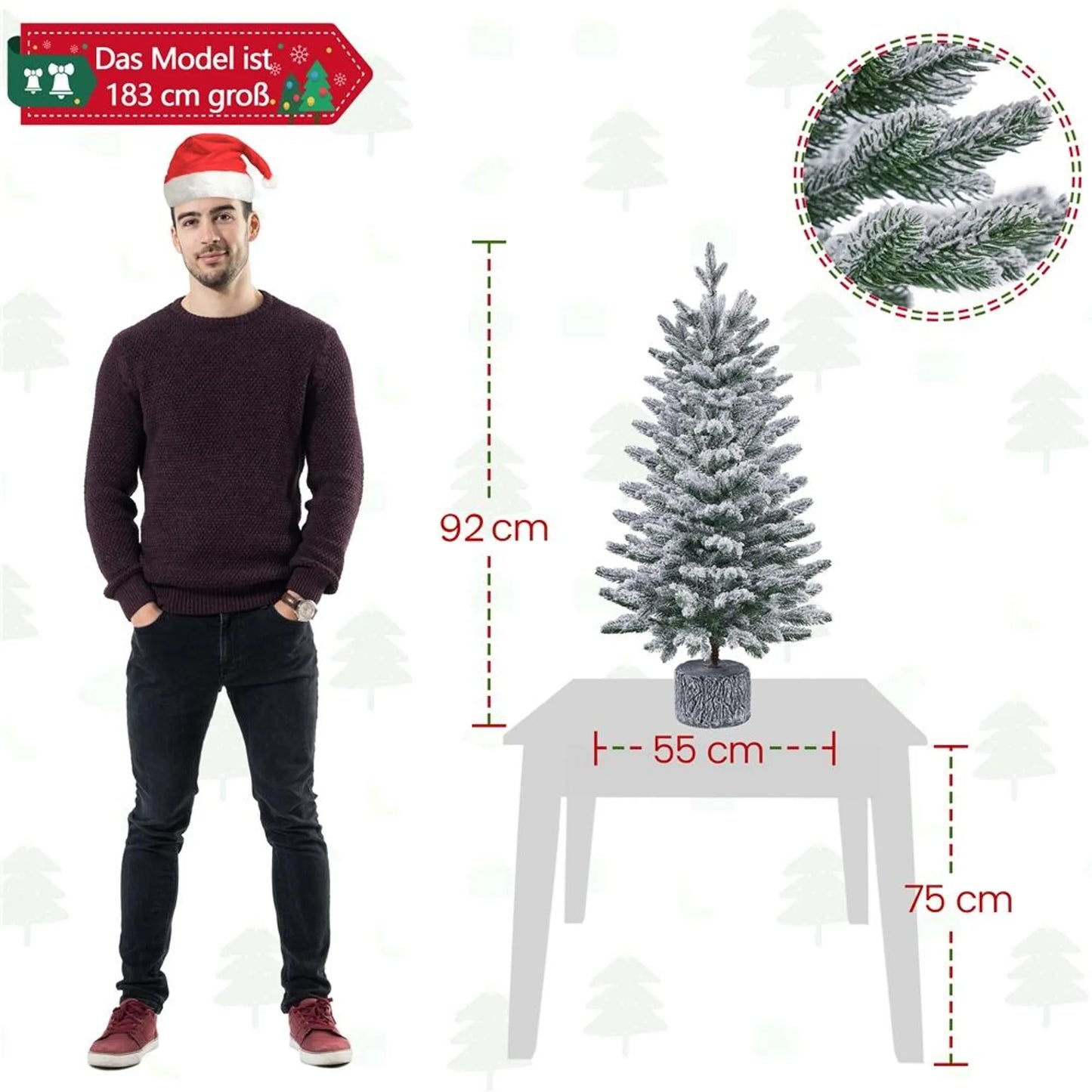 Yaheetech Tafelkerstboom Met Sneeuw En Verlichting – Φ55 x 92 cm – Voorzien Van 355 Takken En 50 LED-Lampjes En Realistische Boomstam – Voor Vensterbank En Buiten – Groen PVC En Metaal