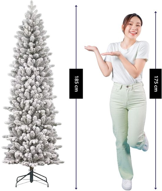 Black Box Trees Harma Slim Kerstboom met Sneeuw en Scharnierconstructie voor Snelle Montage - Kunstboom voor Kleine Ruimtes - Kerstversiering voor Binnenshuis - H185 x Ø63 cm - Groen Frosted