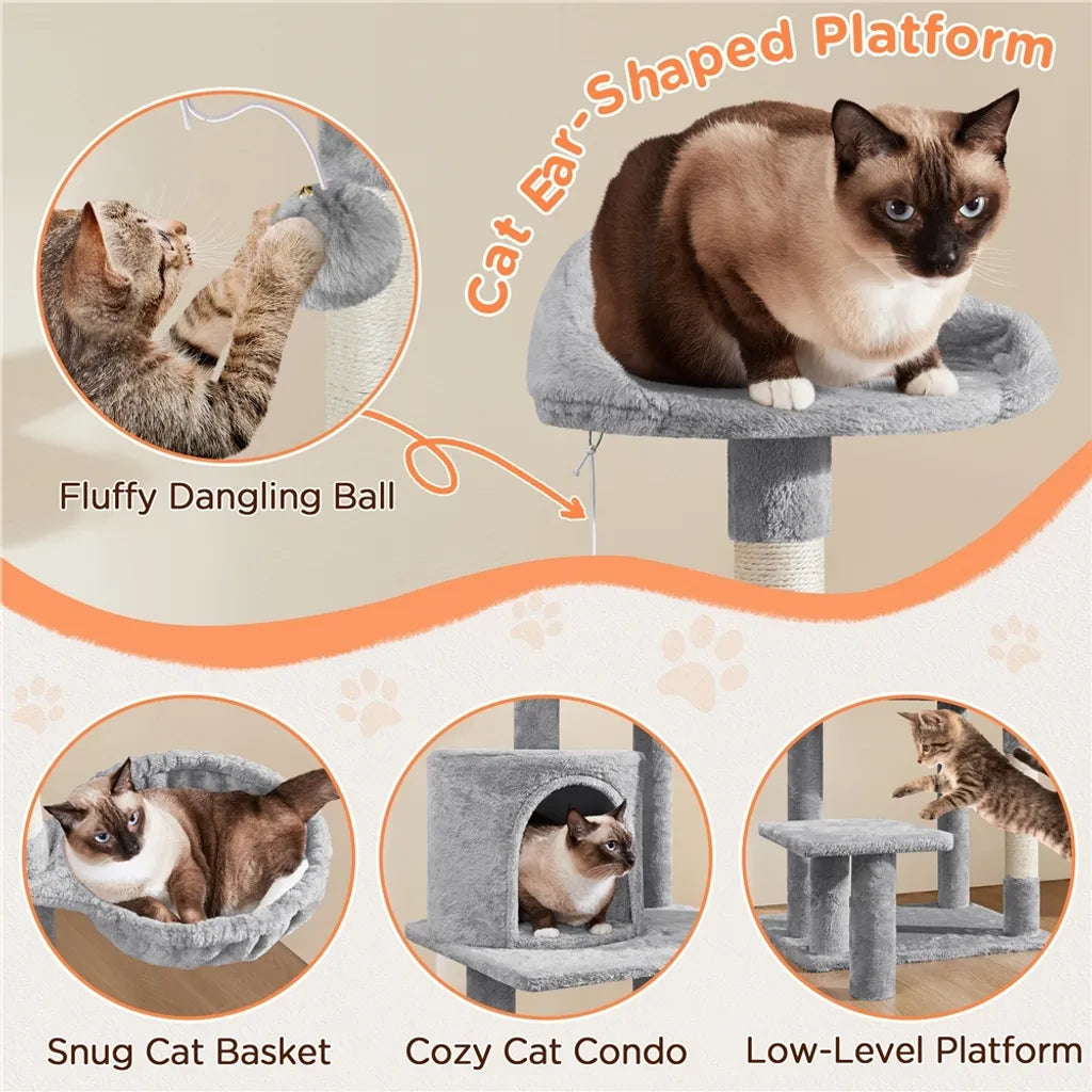 Yaheetech Krabpaal 145 cm - Lichtgrijs - Kattenboom met Kattenhuis, Hangmand en Uitkijkplatform