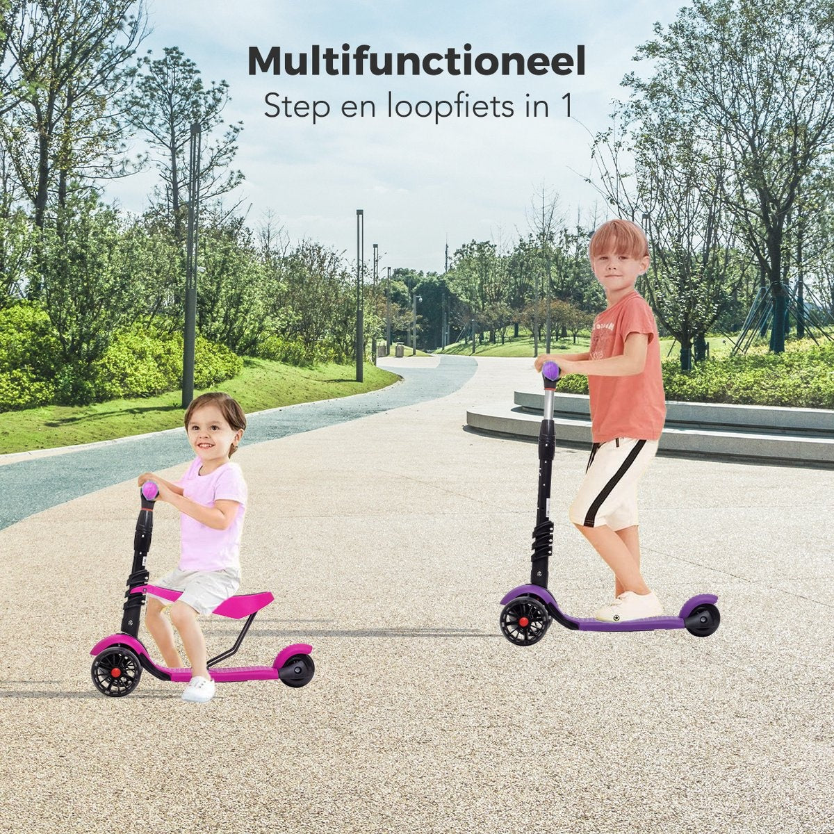 LifeGoods MultiRider Kinderstep - Step 3-8 Jaar - Verstelbaar Zitje - Lichtgevende Wielen - Jongens/Meisjes - Roze