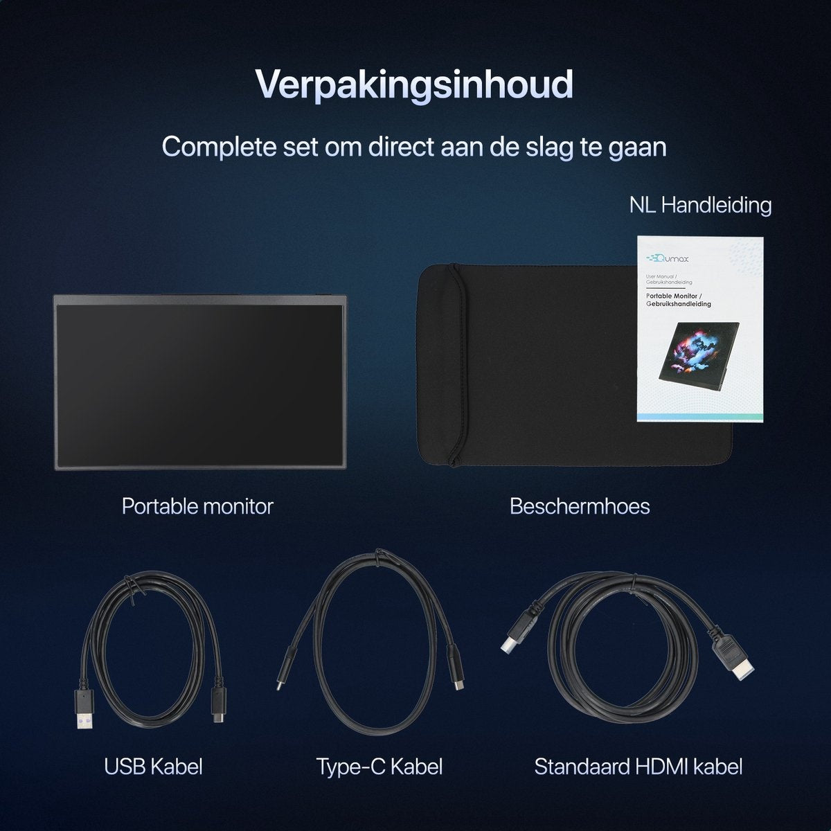 Qumax Portable Monitor – 15.6 inch Draagbare monitor – Full HD – HDMI & USB-C – Inclusief Hoes & Standaard – Multifunctioneel – Ingebouwde Speakers
