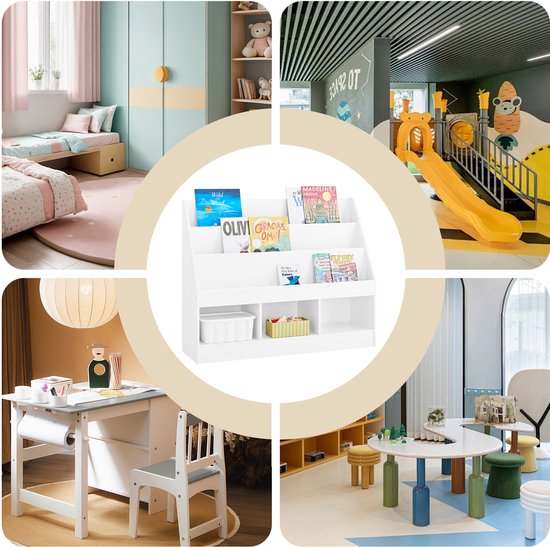 SoBuy Montessori KMB118-W Boekenkast voor kinderen, kinderrek met 3 opbergvakken en speelgoed opbergrek, kinderkamer, boekenrek en speelgoedrek, wit, 100 x 80 x 30 cm