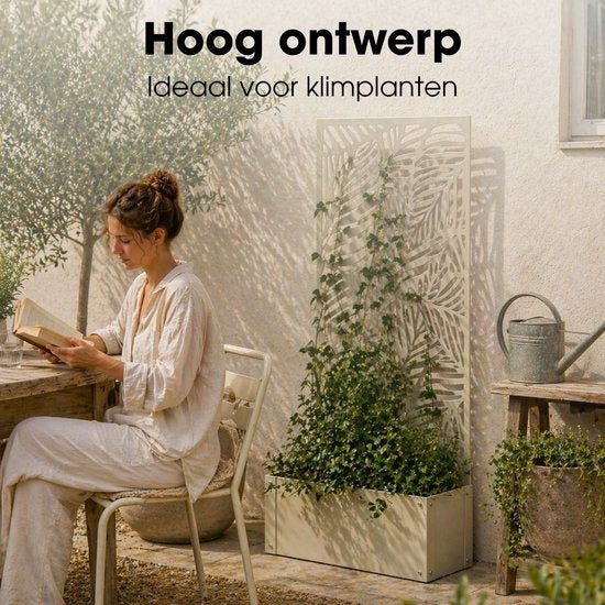 Mica Decorations Sapri Plantensteun - Plantenbak met Klimrek voor Klimplanten - Plantenstandaard Vrijstaand of tegen Muur - 57,5 x 21 x 118 cm - Off White