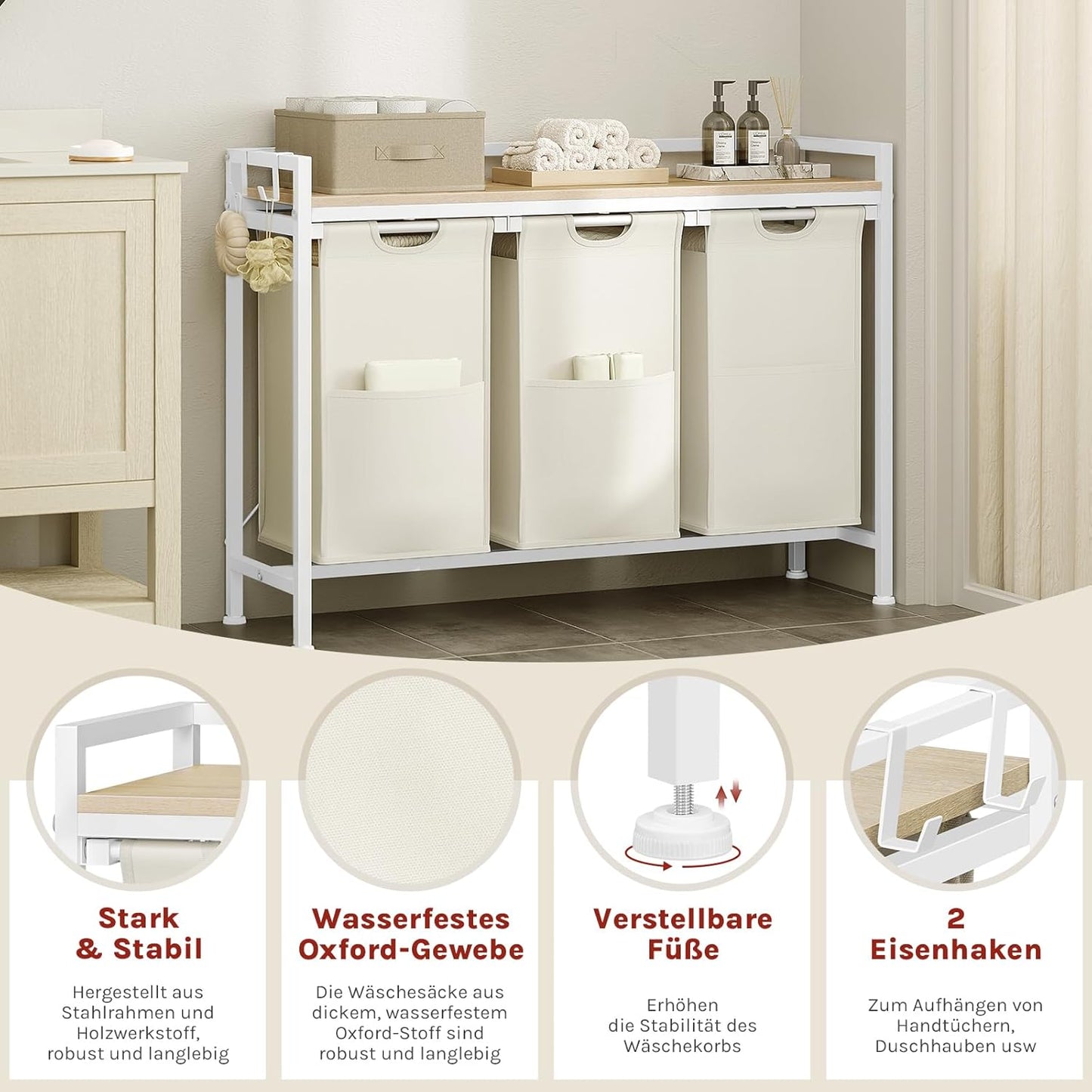 WOLTU - Wasmand met 3 vakken 3x40 l - Was sorteerder met plank - Wit en licht eiken 96 x 71 x 30 cm