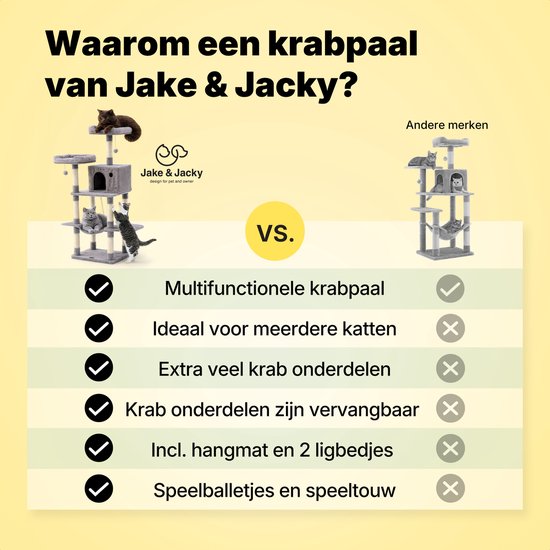 Jake en Jacky Krabpaal voor Katten - Kattenkrabpaal - Krabmeubel - Kattenboom - Krabpalen - Kattenhuis - Lichtgrijs - 147 cm Hoog