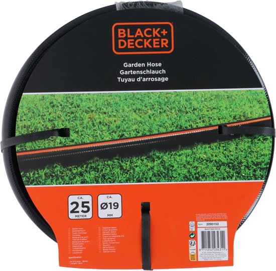 BLACK+DECKER Tuinslang 25 Meter - ⌀19MM - Duurzaam PVC - Tuin Besproeien, Auto Wassen, Zwembad Vullen - Past op Elke Standaard Kraan - Zwart/Oranje