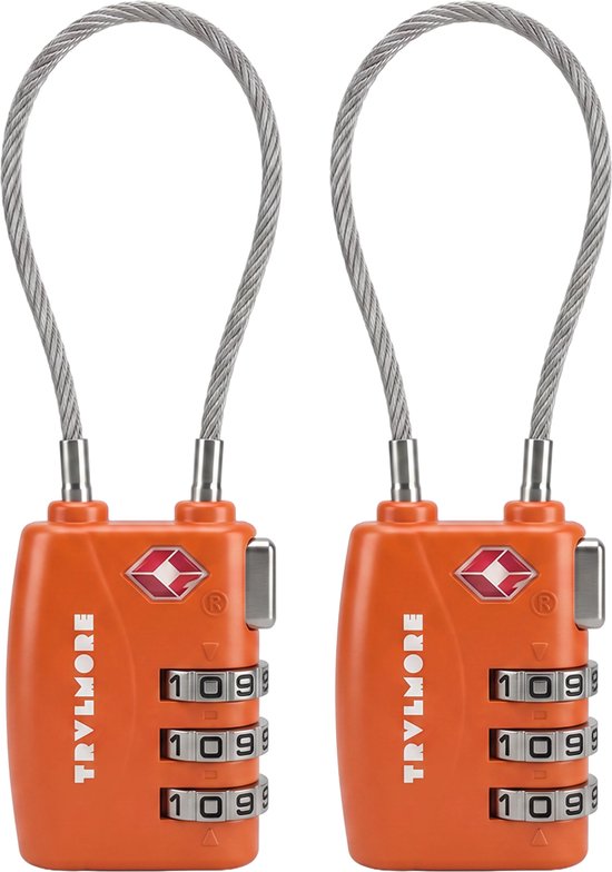 TRVLMORE Kofferslot Lang - TSA Reisslot - Slot - 3 Cijferig Hangslot - 14 cm Kabelslot - 2 Stuks - Cijferslot - Oranje